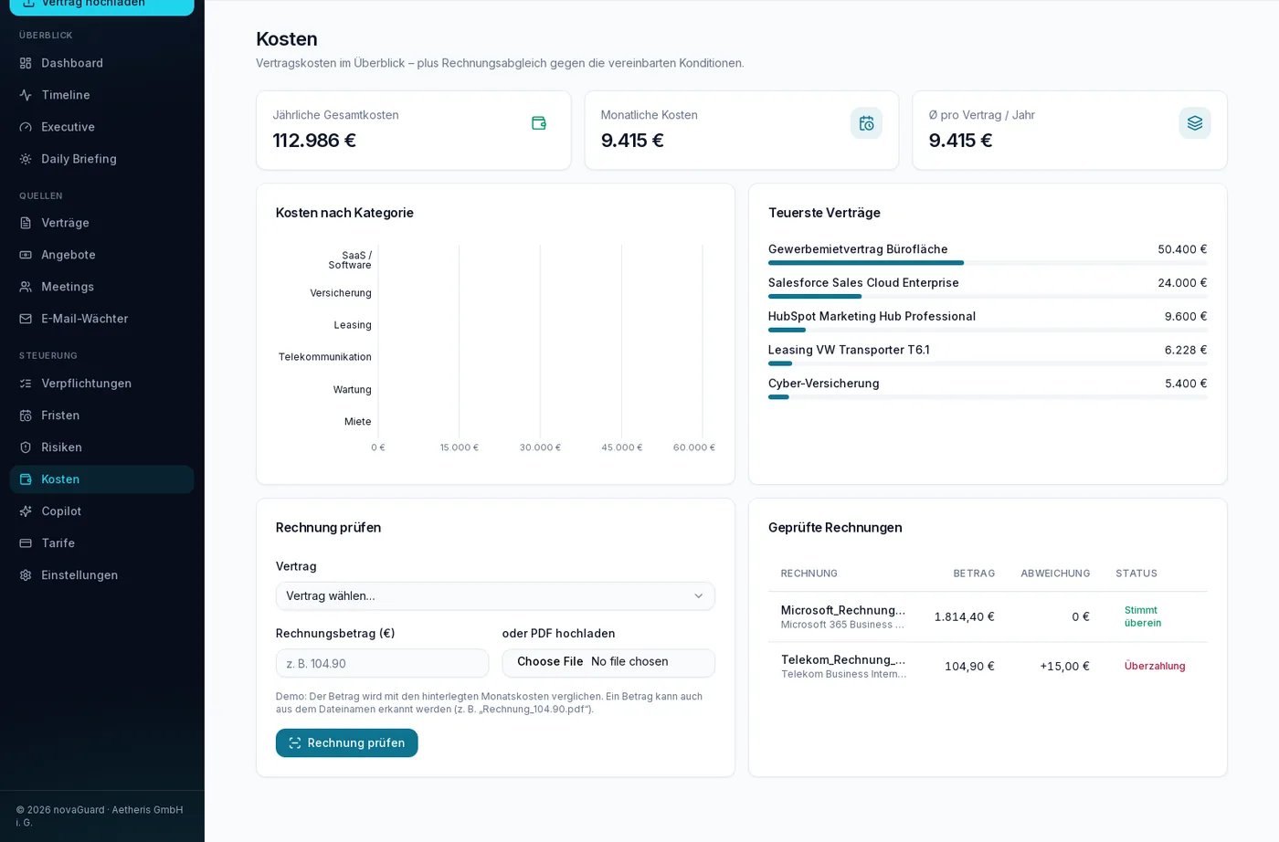 Kostenübersicht in novaGuard mit Monats- und Jahreskosten und dem Rechnungsabgleich.