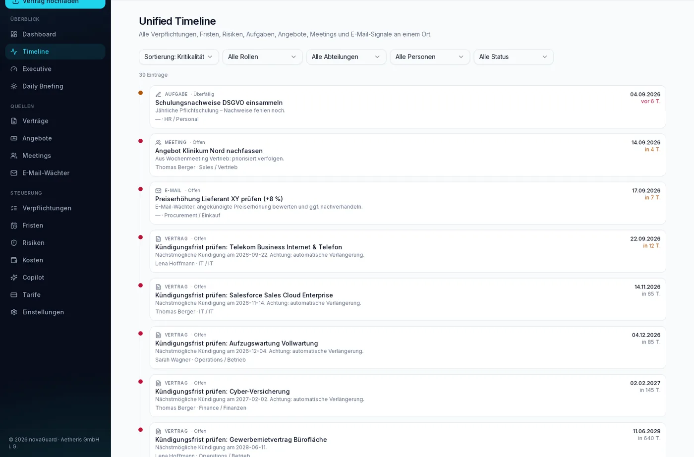 Unified Timeline in novaGuard mit Verpflichtungen, Fristen und Risiken aus allen Quellen.